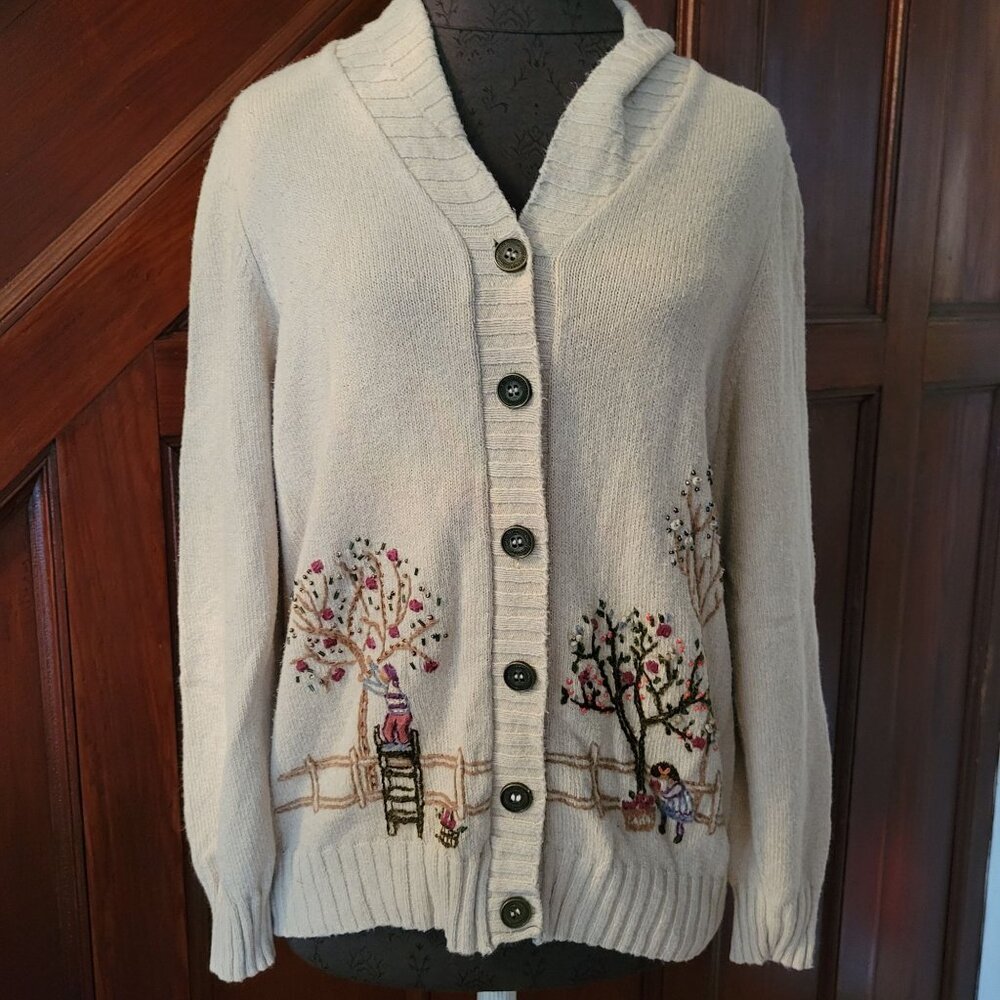 Alfred Dunner Apple Picking Beaded Embroidered Button-Up Cardigan With Shawl Col